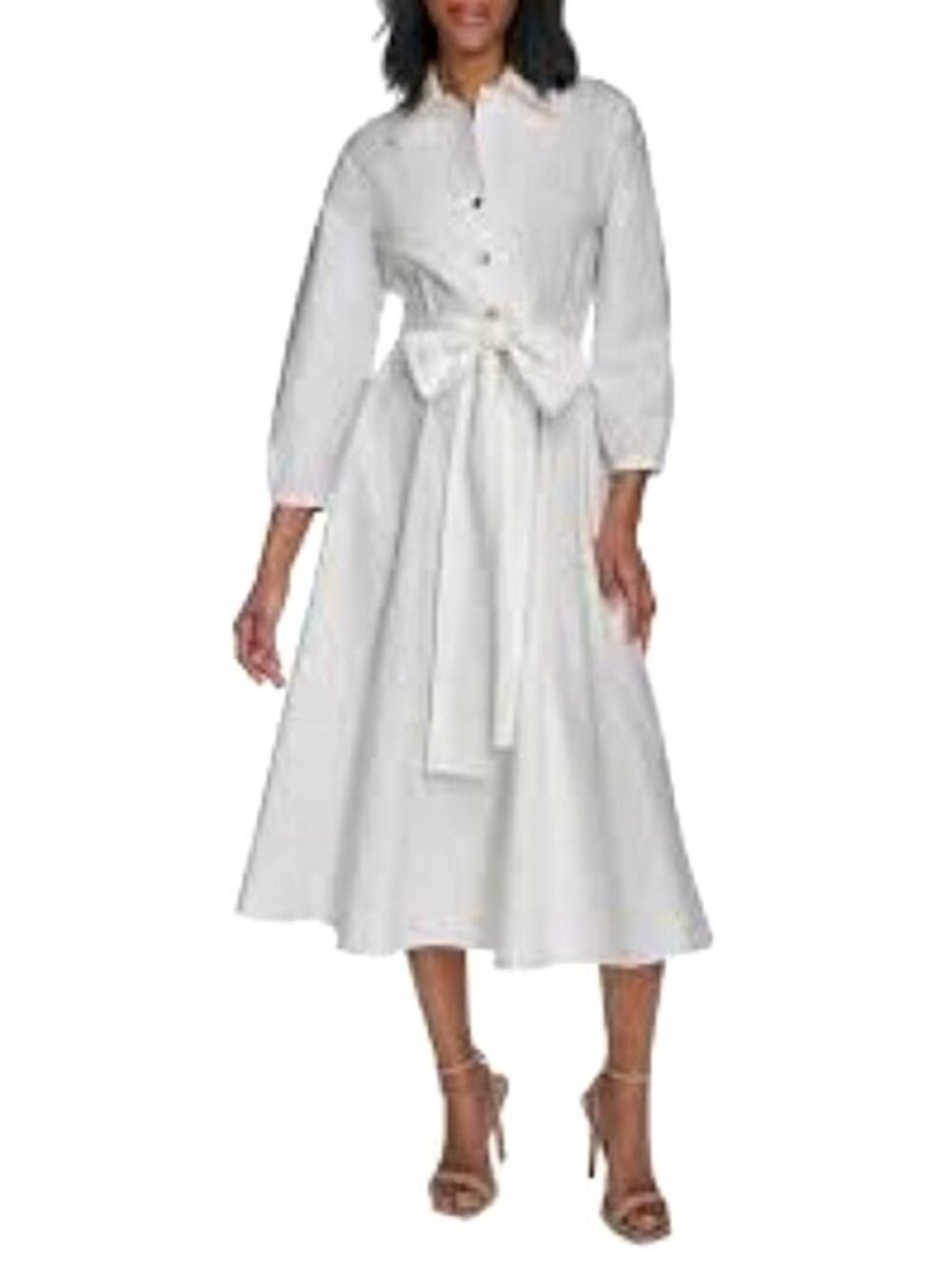 NEW $149 Halston Long slv Midi white crisp Shirtdress gold btns womens 16